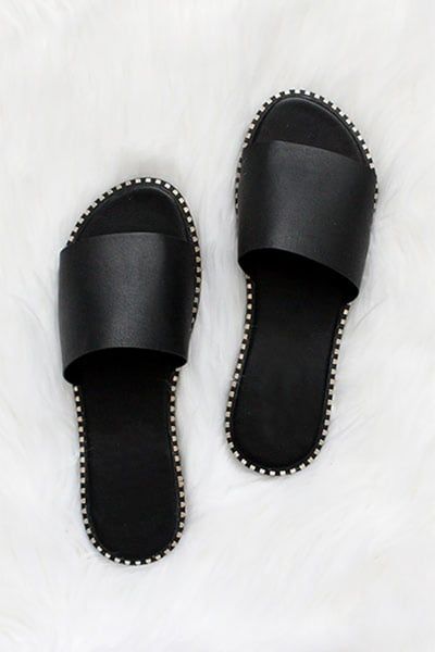 Single Band Gold Trim Sandals Slides-Black | Fashion Junkee