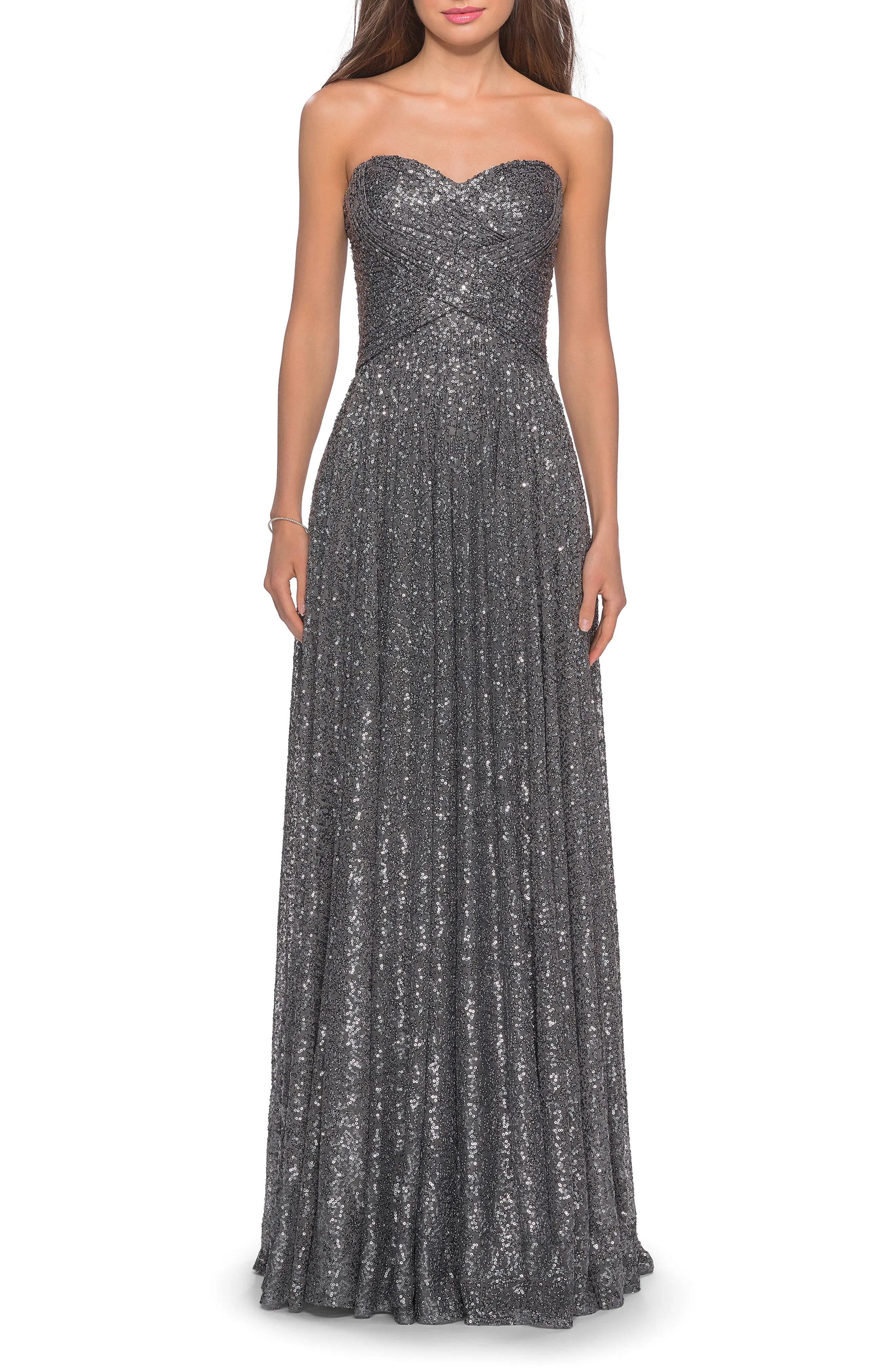La Femme Dazzling Sequin Strapless Gown in Gunmetal at Nordstrom, Size 6 | Nordstrom