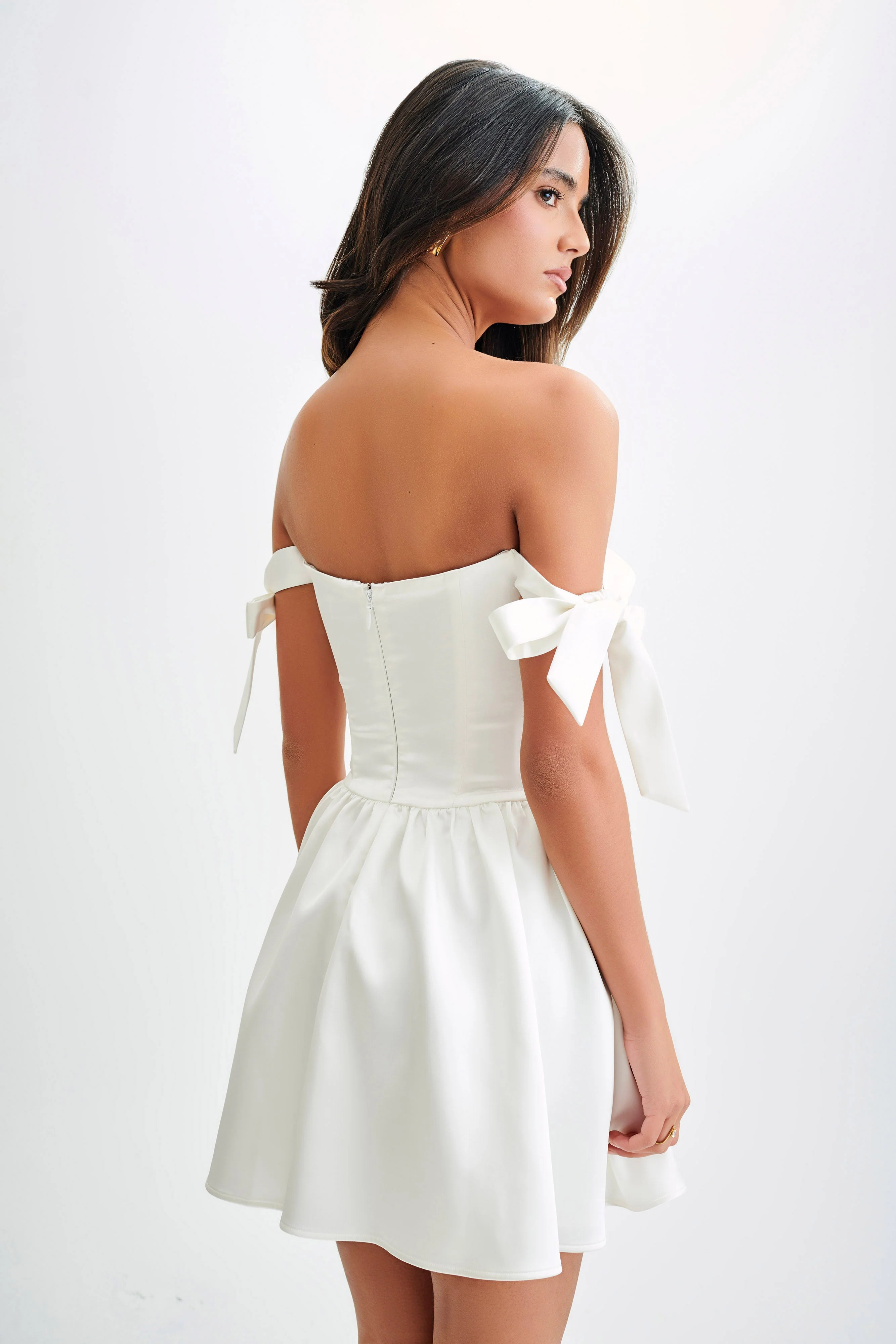 Rita Satin Mini Dress With Bow Sleeves - White | MESHKI US