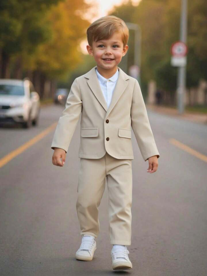 SHEIN Young Boys 2 Pieces Gentleman Suits, Spring/Summer Toddler Boys Gentleman Outfits, Includes 1 Textured Long Sleeve Blazer Jacket With Notch Lapel Design, Faux Pockets Details And 1 Ankle-Length Formal Pants, Fashionable Suit For Birthday Party, Ceremony, Wedding, Wedding Guest, Ring Bearer, Page Boy | SHEIN