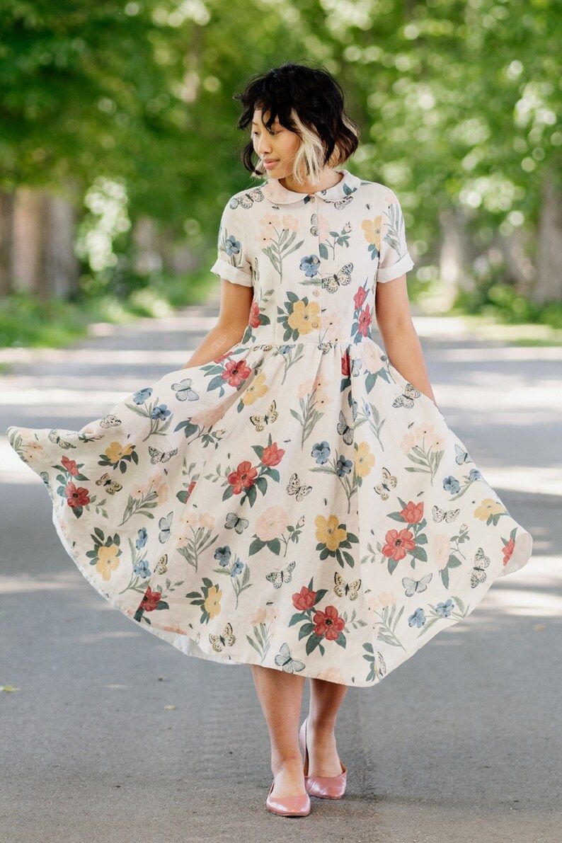 Floral Midi Dress, Bright Summer Floral Vintage Dress, Floral Bridesmaid Dress, Classic Linen Dre... | Etsy (US)
