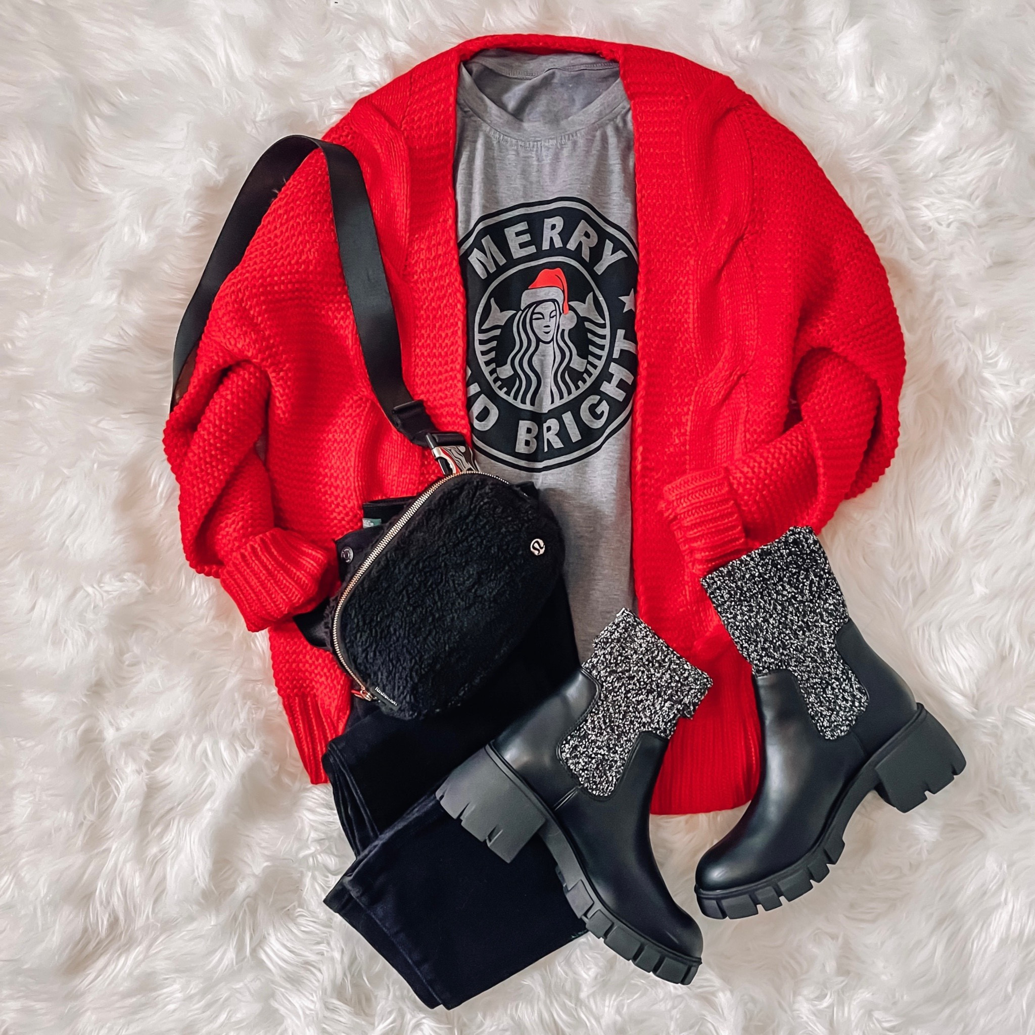 Amazon chunky knit cardigan fits true to size 
Merry and Bright tshirt sized up one to a medium 
Lululemon belt bag 
Amazon belt bag 
Target boots 
Black bootcut jeans 
Christmas outfit idea 
Christmas outfits 



#LTKsalealert #LTKHoliday #LTKunder50