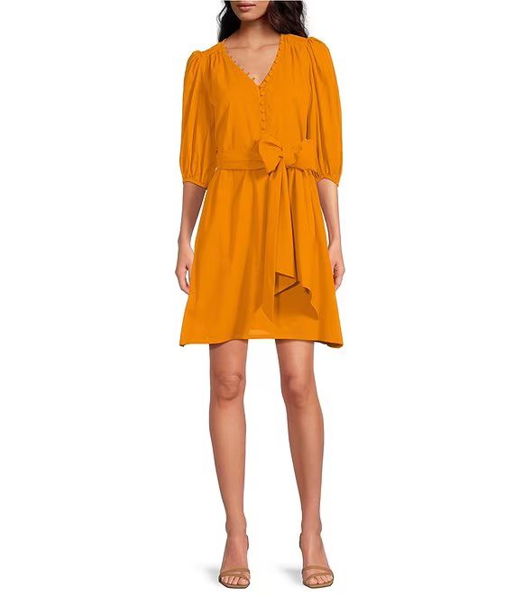 Malina V-Neck Side Pocket Short Puff Sleeve Belted A-Line Dress | Dillard's