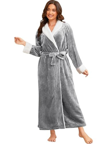 Hellomamma Women's Fleece Robes, Long Winter Warm Soft Plush Bathrobes for Women, Fluffy Comfy House Coat Light Gray Medium | Amazon (US)