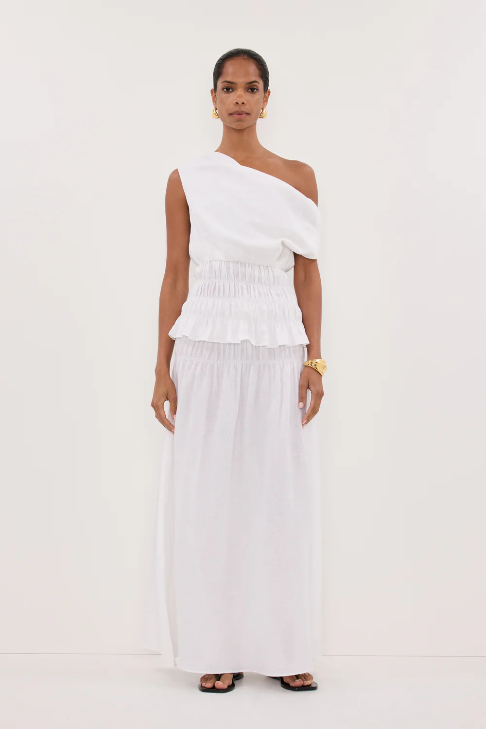 MAIA WHITE LINEN SHIRRED MIDI SKIRT | DISSH