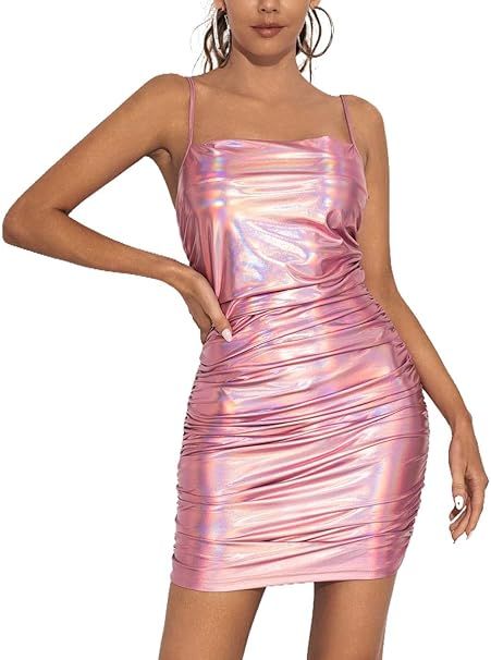 EVILD Metallic Sexy Fitted Bodycon Dress Spaghetti Straps Ruched Glitter Mini Dress Elastic Cockt... | Amazon (US)
