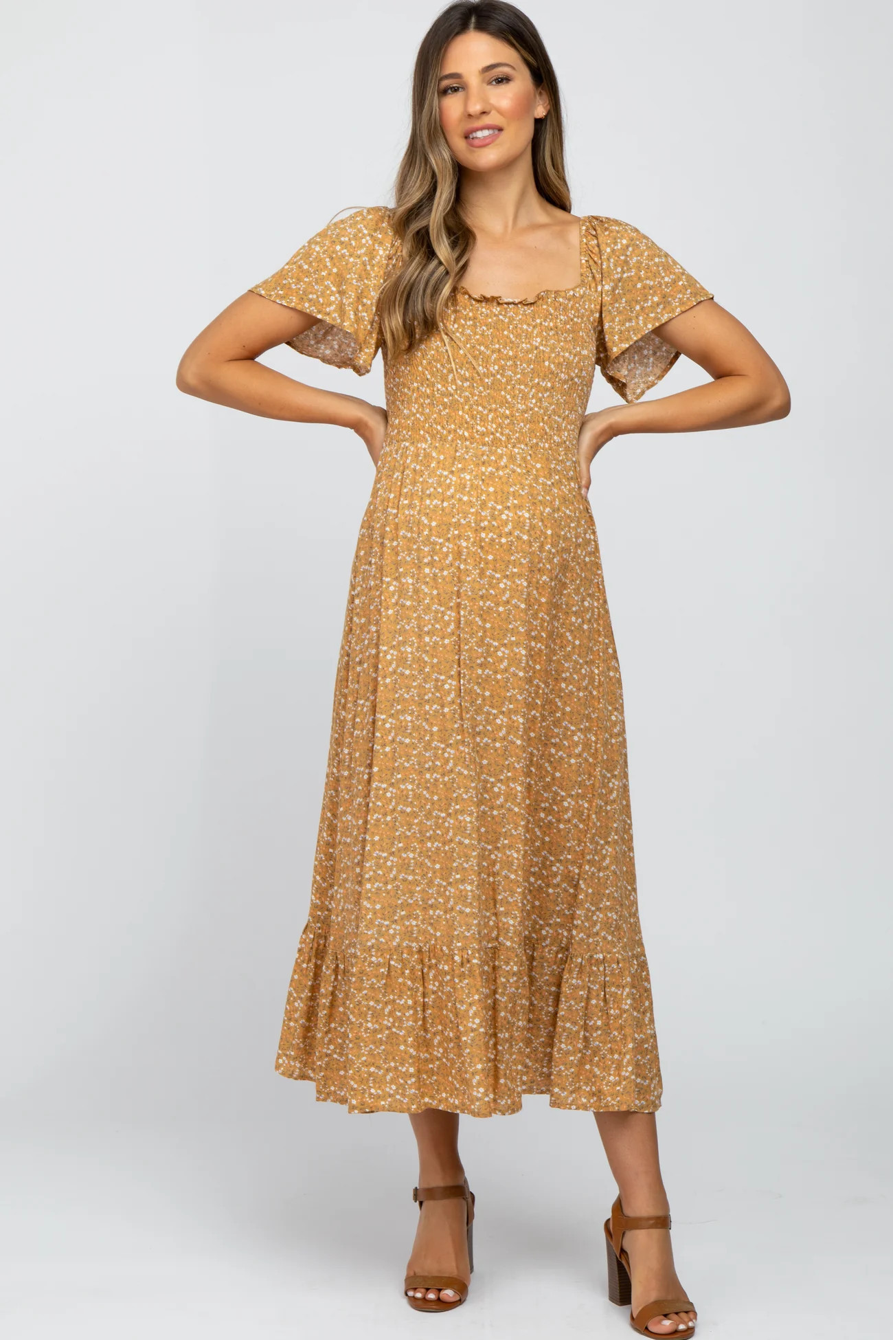 Mustard Floral Smocked Maternity Maxi Dress | PinkBlush Maternity