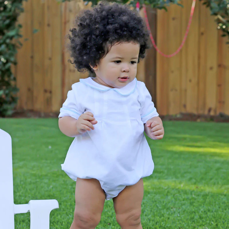 Solid White Blue Trim Collared Bubble | Classic Whimsy