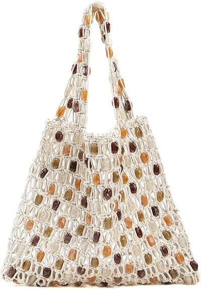 Boho Crochet Shoulder Bag for Women, Colorful Beaded Beach Tote Handbag Lightweight Summer Knit H... | Amazon (US)