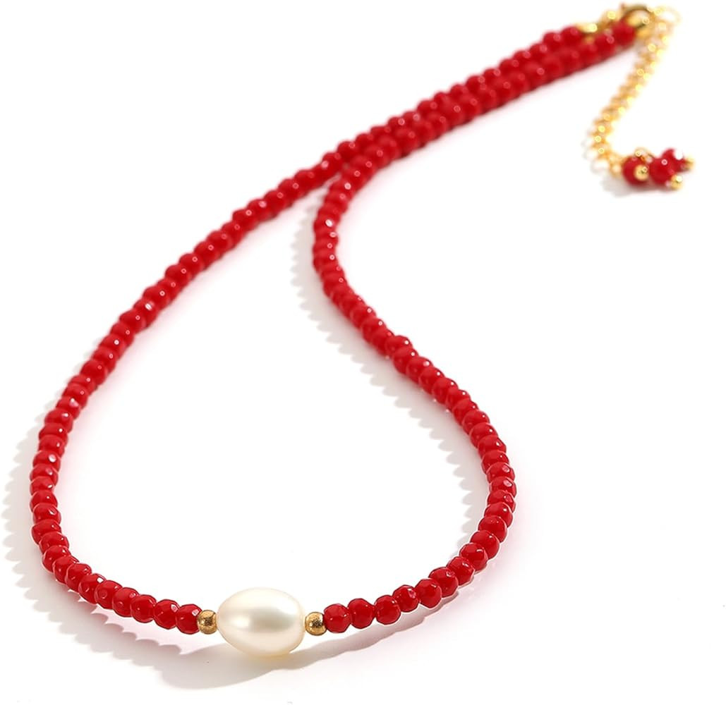 Flourisit Gemstone Beaded Necklace with Freshwater Pearl,Natural Handmade Irregular Pearl Necklac... | Amazon (US)