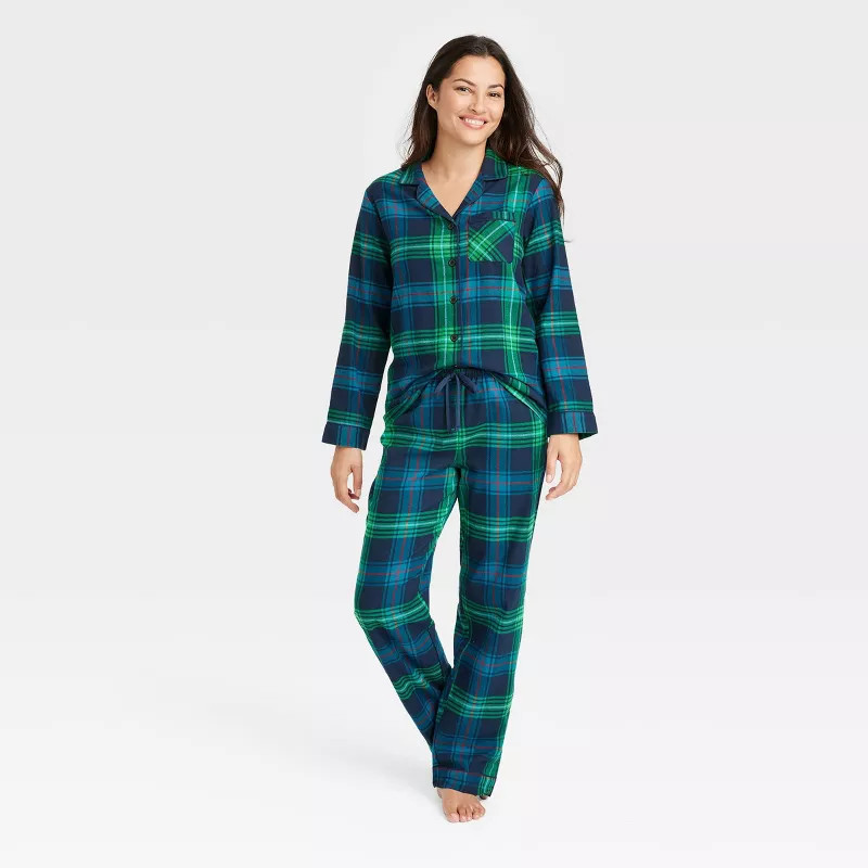 Women's Holiday Tartan Plaid Flannel Matching Family Pajama Set - Wondershop™ Navy Blue | Target
