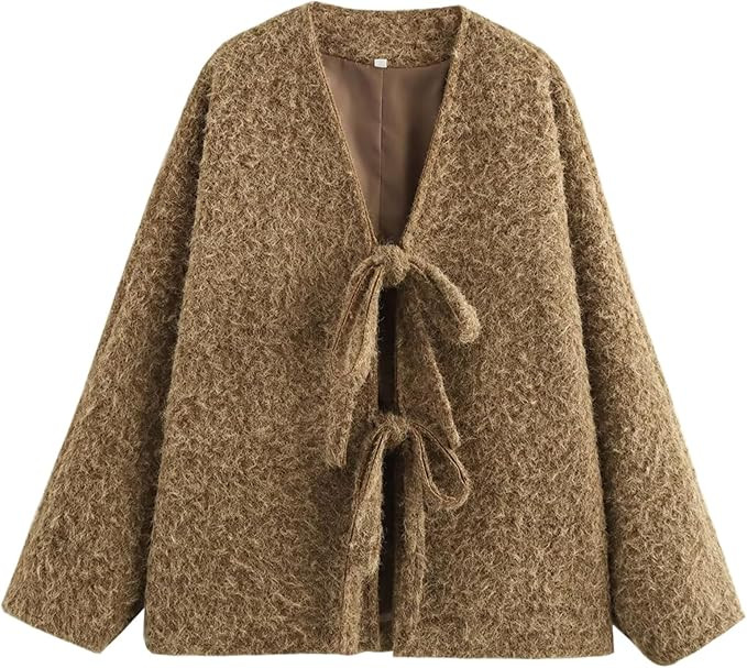 Yimoon Womens Tie Front Fuzzy Jacket Oversized V Neck Bow Fluffy Warm Coat 2024 Fall Loose Long S... | Amazon (US)