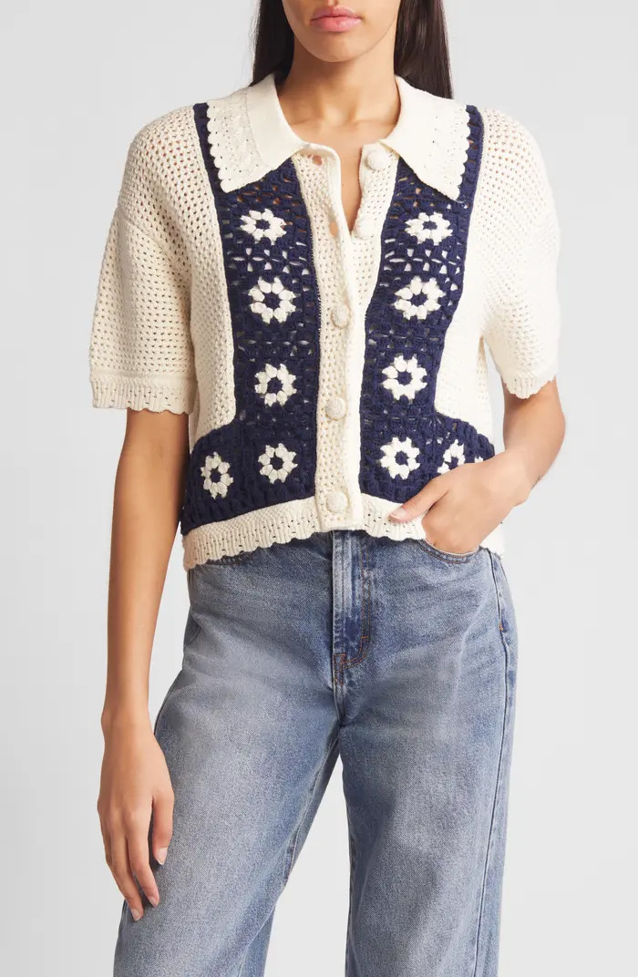 Milan Crochet Accent Open Stitch Short Sleeve Cotton Sweater | Nordstrom