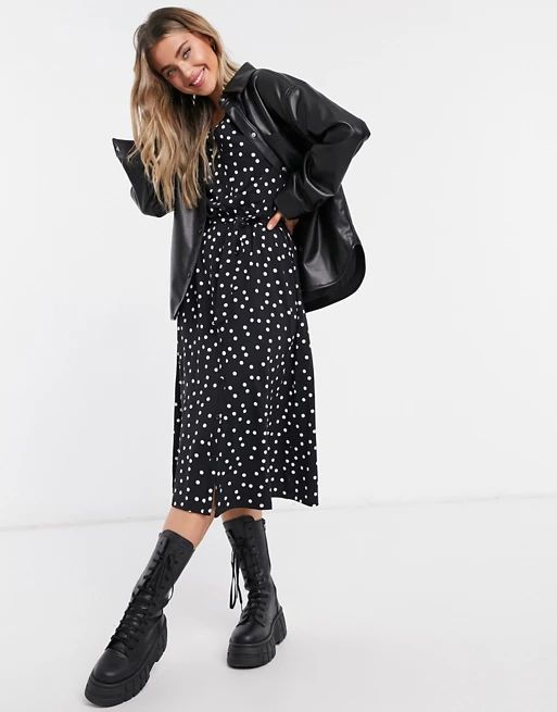 ASOS DESIGN midi button through shirt dress in black polka dot | ASOS (Global)