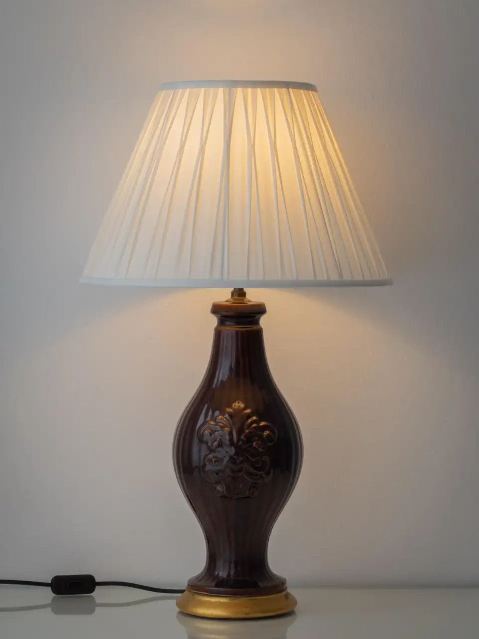 Brown Glazed Spanish Ceramic Table Lamp, Manises, 1960s, New Silk Lampshade | 1stDibs