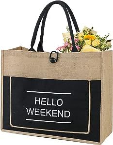 BeeGreen Jute Beach Bag for Women Hello Weekend Vibes Extra Large 20'' x 16'' x 7.25'' Embroidery... | Amazon (US)