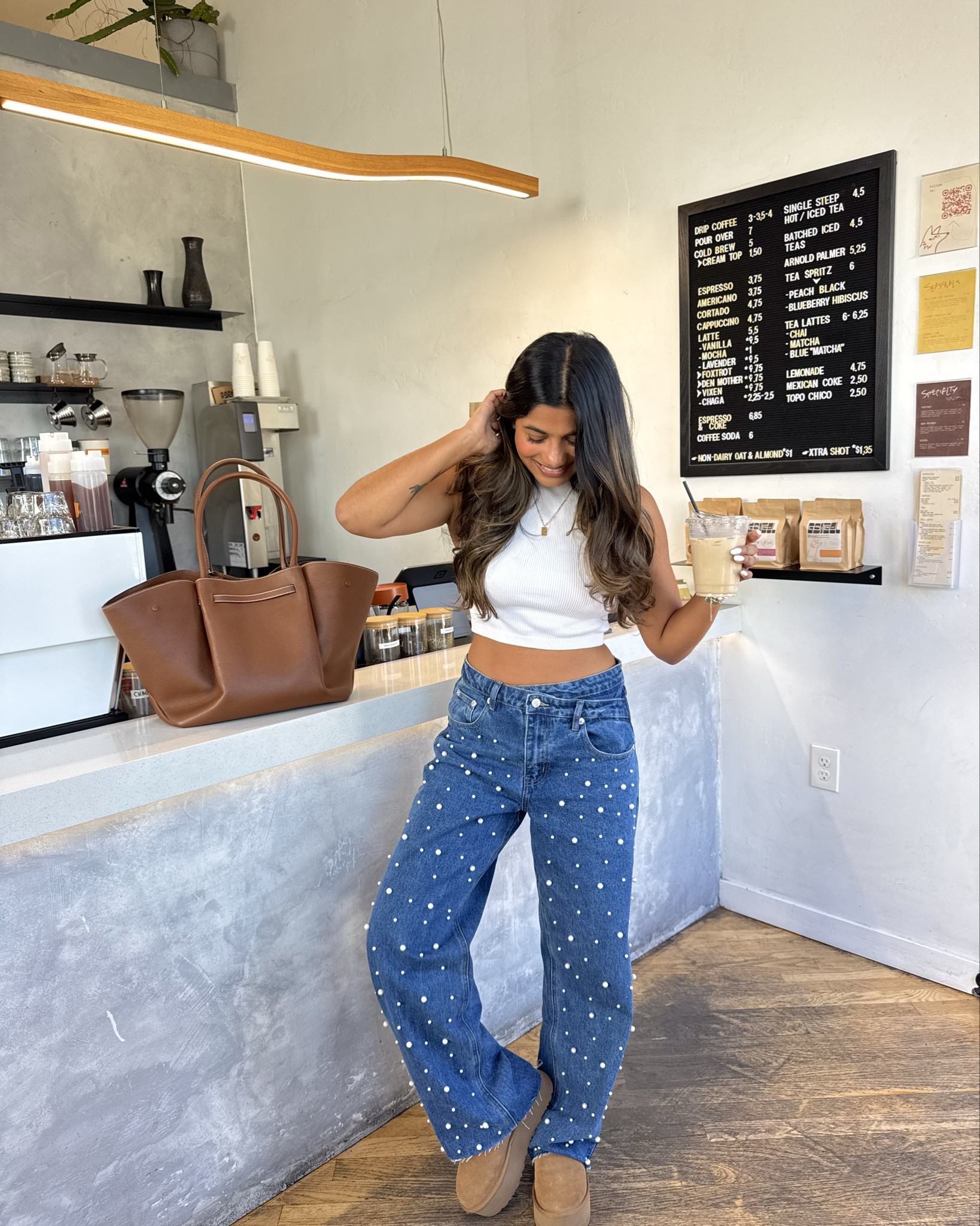 use code: BBXSEJAL for 15% off jeans 
bedazzled jeans, denim outfits, platform uggs, transitional fall outfits, basic casual fall outfit, white tank top, fall fashion inspo, fall fashion trends

#LTKSeasonal