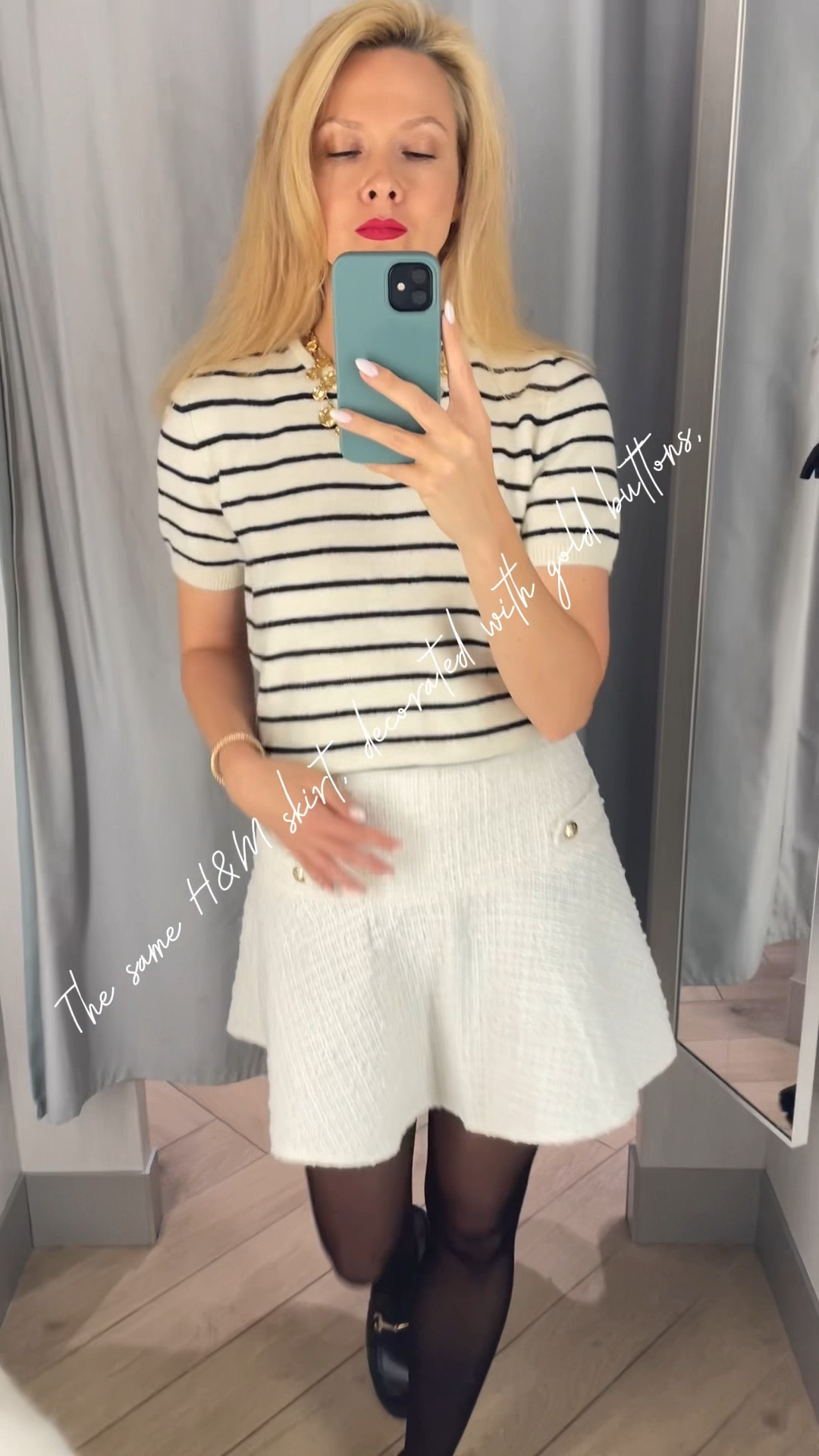 The same H&M skirt, decorated with gold buttons, paired with a striped top made of a very soft, gentle knit fabric. Highly recommend it!

#LTKStyleTip #LTKWorkwear #LTKU