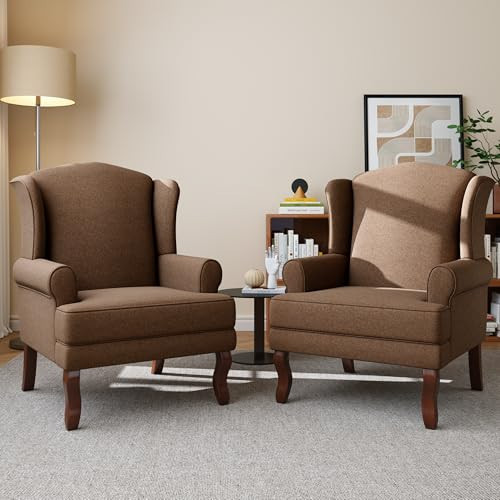 UIXE High Back Accent Chairs Set of 2, Upholstered Armchair in Fabric with Solid Wood Legs, Retro Arm Chair Comfy Single Sofa Reading Seat for Living Room - Brown | Amazon (US)
