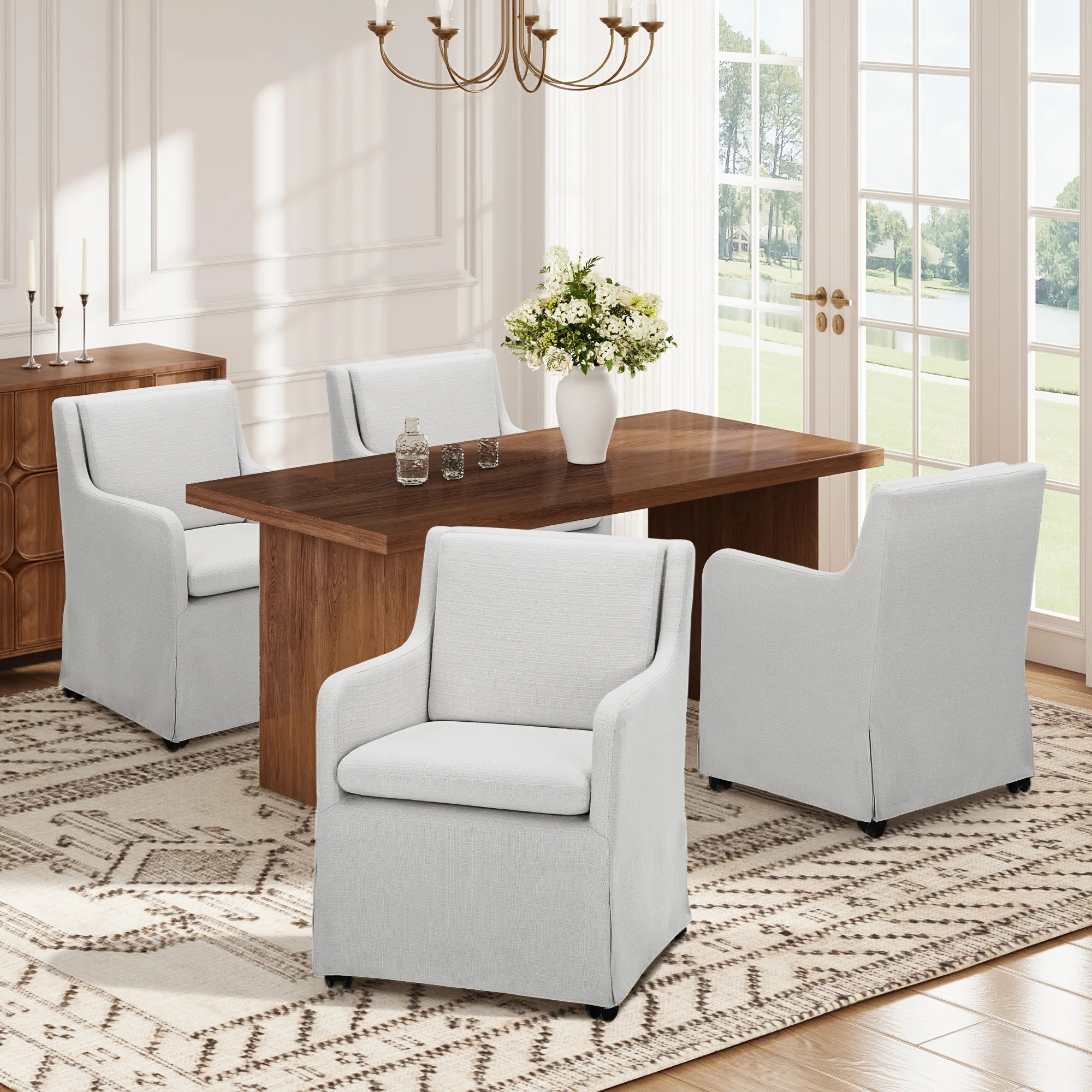 19" Wide Modern Fabric Upholstered Removable Cushions Dining Armchair with Casters (Set of 4) | Wayfair North America