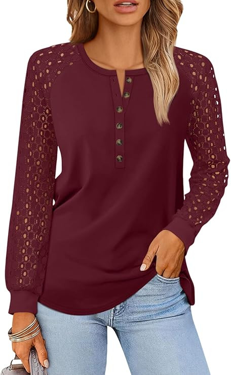LILLUSORY Womens Lace Long Sleeve Shirts Henley Tops Business Casual Blouses | Amazon (US)