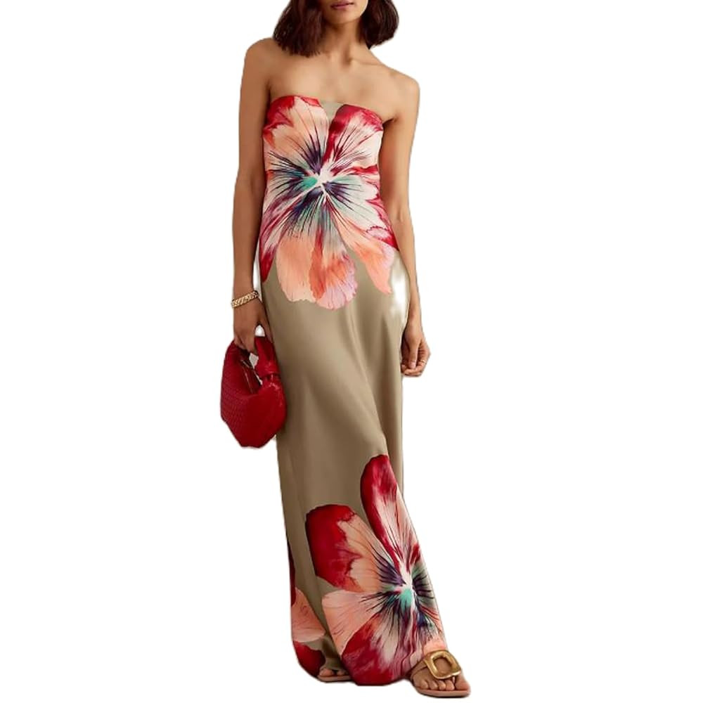 Women Floral Tube Maxi Dress with Scarf Y2k Strapless Backless Mesh Long Bodycon Dresses Formal C... | Amazon (US)