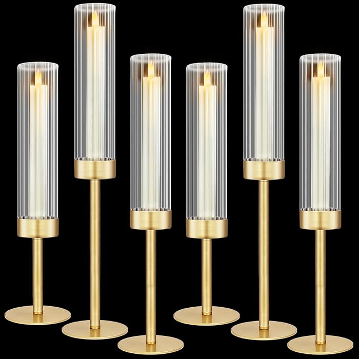 Glass Hurricane Candlestick Holders Gold, KSWING Set of 6 Taper Candle Holders Brass Tall Clear C... | Amazon (US)