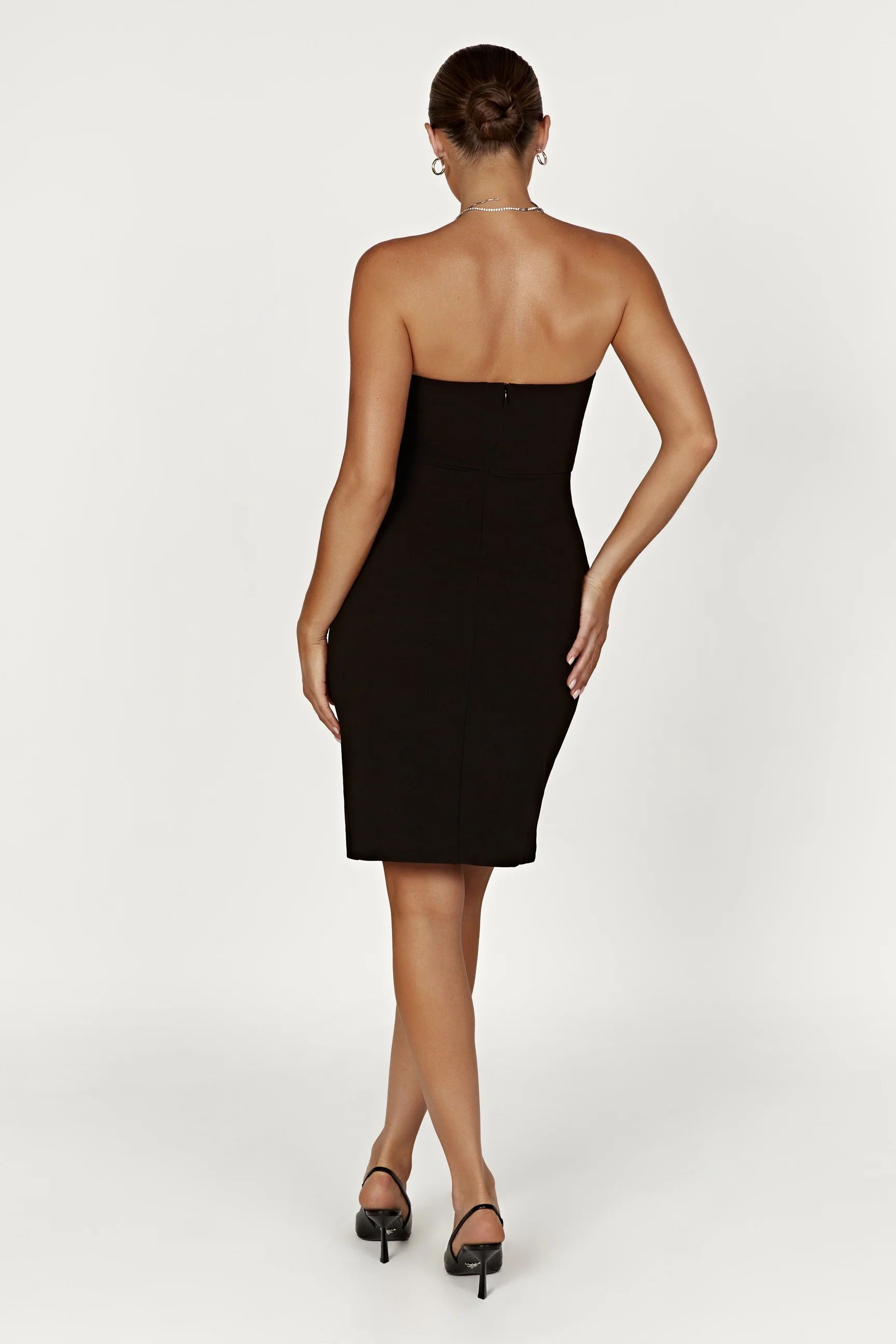 Rachel Crepe Bandeau Thigh Split Mini Dress - Black | MESHKI US