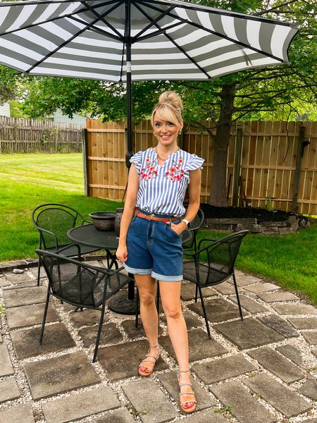 Floral embroidered strioed ruffle sleeve top paired with high waisted denim Bermuda shorts on deal for $25.59! Everything is true to size. - summer outfits - casual outfits - Jean shorts - Amazon fashion - Amazon finds - Amazon deal - Amazon deals - $16 studded sandals 

#LTKsalealert #LTKSeasonal #LTKunder50