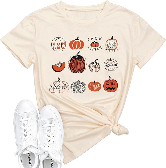 Pumpkin Shirt for Women Halloween T-Shirts Fall Graphic Short Sleeve Tee Thanksgiving Gift Tops | Amazon (US)