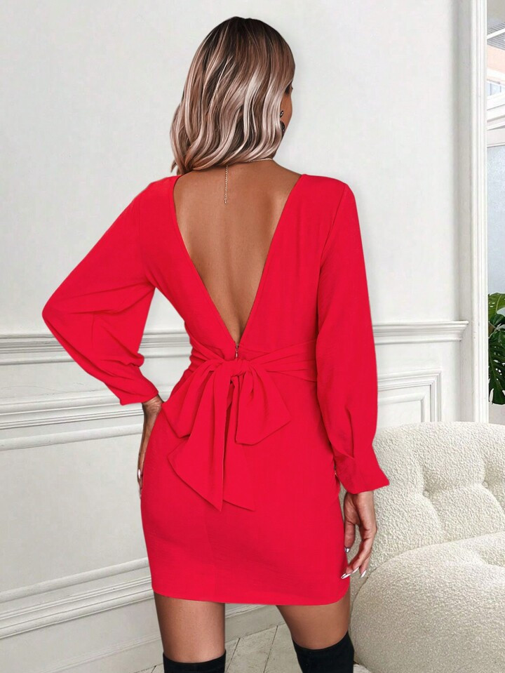 SHEIN Privé Tie Backless Lantern Sleeve Bodycon Dress | SHEIN