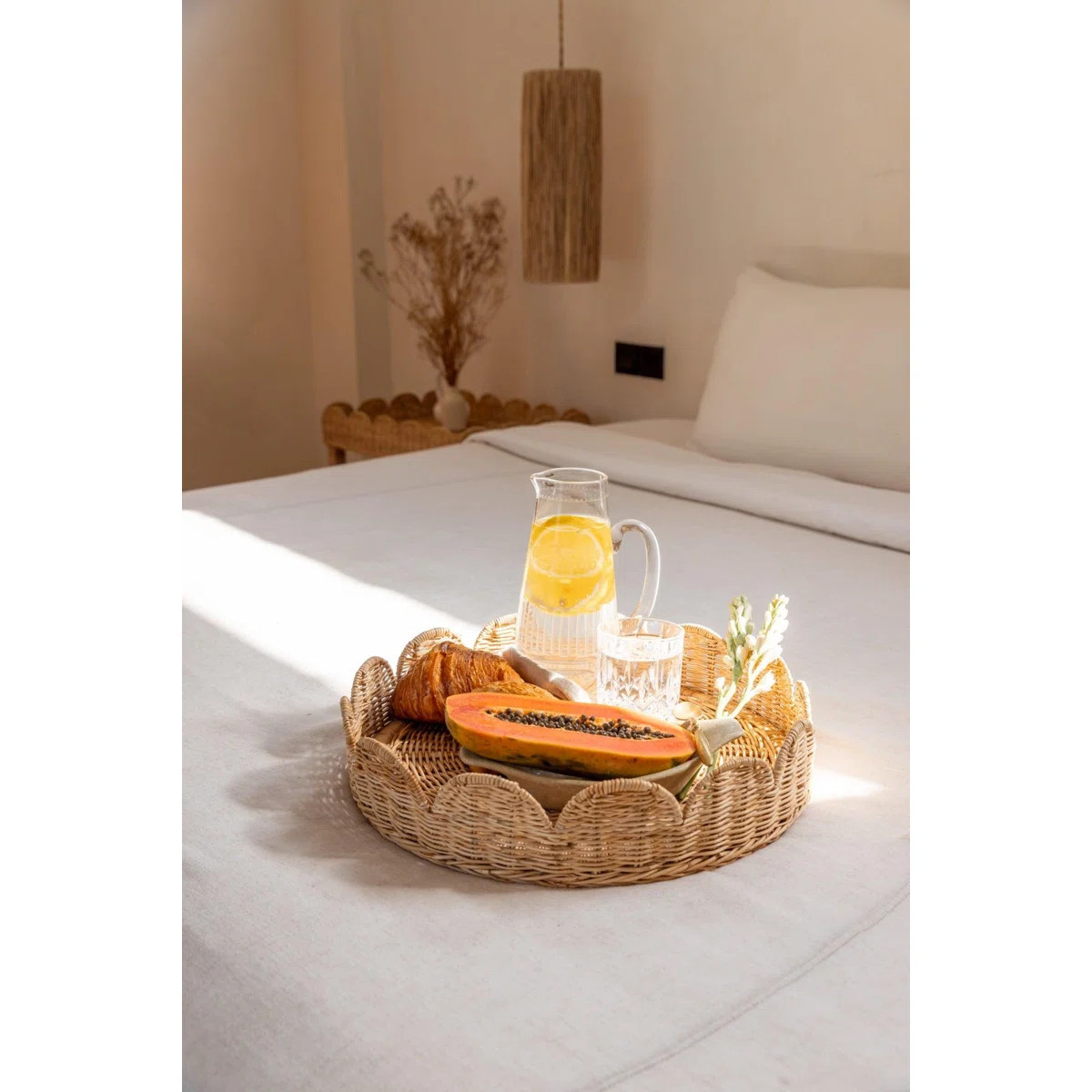 Handwoven Rattan Scalloped Round Serving Tray \u2013 Decorative Wicker Ottoman & Coffee Table Tra... | Wayfair North America