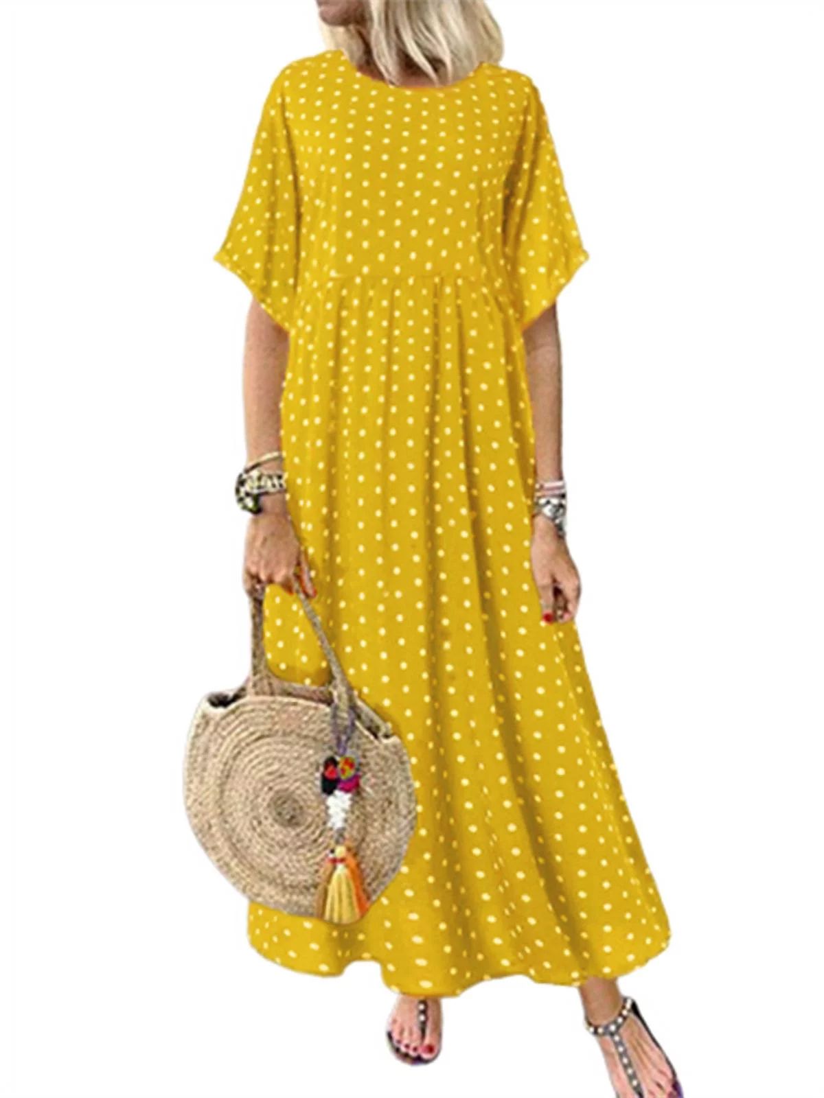 ZANZEA Womens Polka Dot Short Sleeve Long Dress Baggy Kaftan Maxi Dresses | Walmart (US)