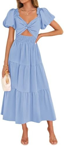 ZESICA Womens Summer Casual Flowy Vacation Maxi Dress 2026 Short Puff Sleeve A Line Smocked Cutou... | Amazon (US)