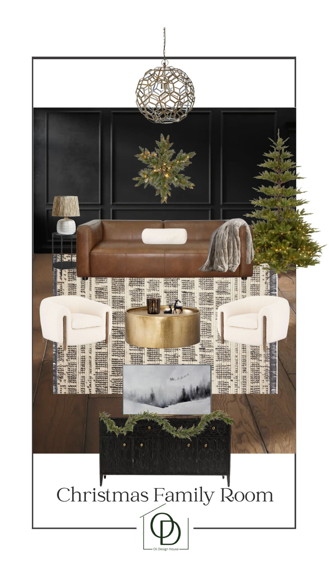 A moody family room all decorated for Christmas, with a leather couch, Boucle accent chairs, drum coffee table, Anthropologie side table, frame tv with winter art, a Chris Loves Julia x Loloi rug, Christmas tree, oversized snowflake wreath and more! 

#LTKHoliday #LTKhome #LTKunder100