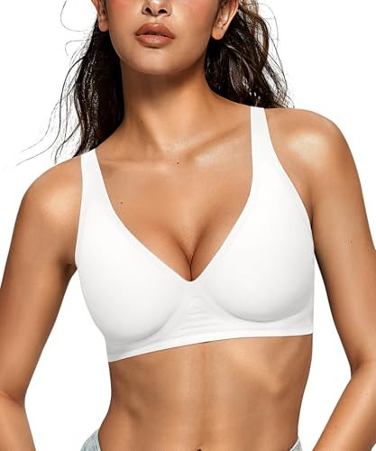 OEAK Womens Deep V Bras Wireless Comfortable Bra Supportive No Underwire Bras Tshirt Push Up Bralettes Plunge Seamless Bra White XL | Amazon (US)