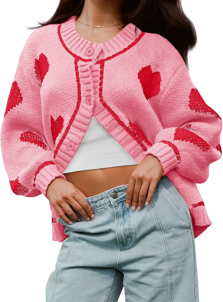 Saodimallsu Womens Cute Heart Cardigan Sweaters Valentines Day Chunky Knit Button Crewneck Long S... | Amazon (US)