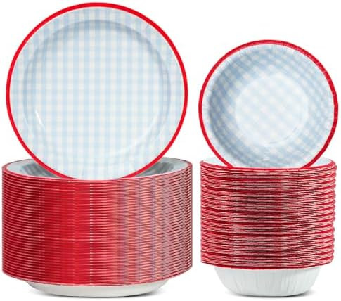 100 Pcs Gingham Paper Plates and Bowls Set - 50 Pcs 8.5 Inch Disposable Blue Gingham Plates and 5... | Amazon (US)