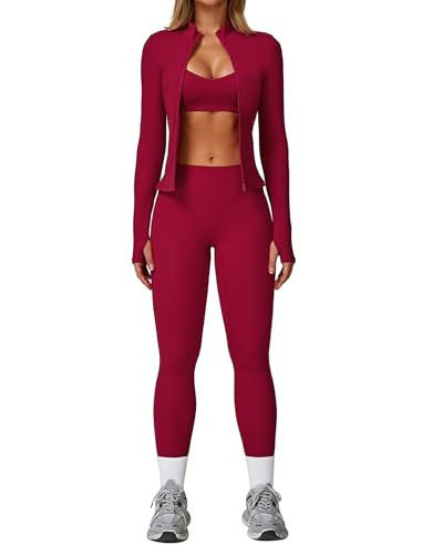 Workout Sets for Women 3 Piece High Waisted Seamless Leggings Crop Top Jacket Gym Yoga Outfit Stretchy Sports Bra Sets | Amazon (US)