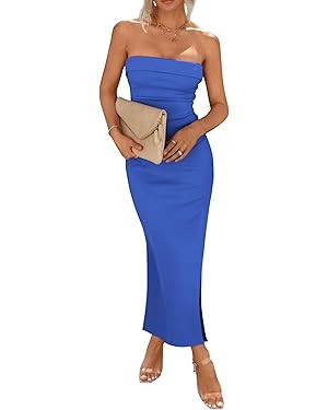 PRETTYGARDEN Women's Summer Bodycon Maxi Tube Dress Ribbed Strapless Side Slit Long Going Out Cas... | Amazon (US)