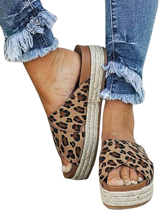 Women’s Platform Espadrilles Criss Cross Slide-on Open Toe Faux Leather Studded Summer Sandals | Amazon (US)