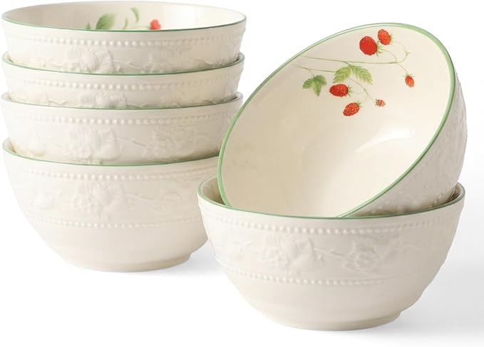 Soup Bowls Set of 6, 24.5oz Ceramic Cereal Bowls, 6 inch Embossed Strawberry Vine for Oatmeal Sal... | Amazon (US)