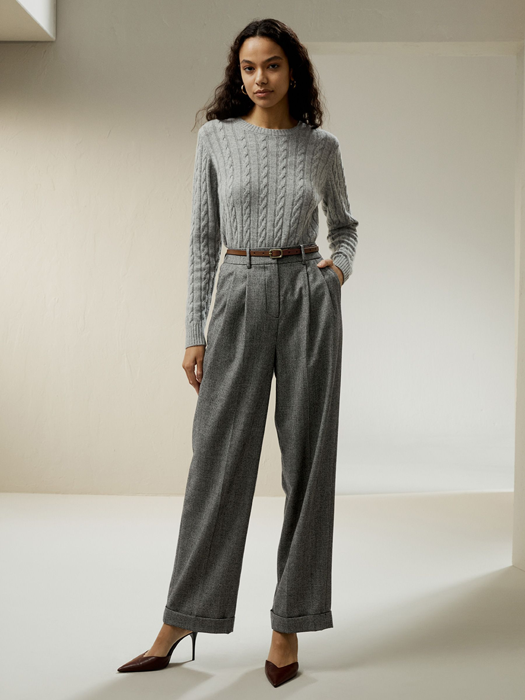 Wide leg wool-flannel suit trousers | LilySilk