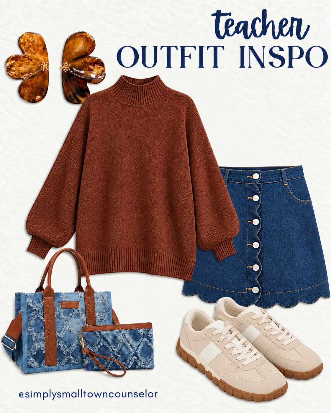 teacher outfit inspo 🤎 A cozy oversized sweater, scalloped denim skirt & neutral sneakers for a cute, casual classroom look! 💙 

 #LTKWorkwear