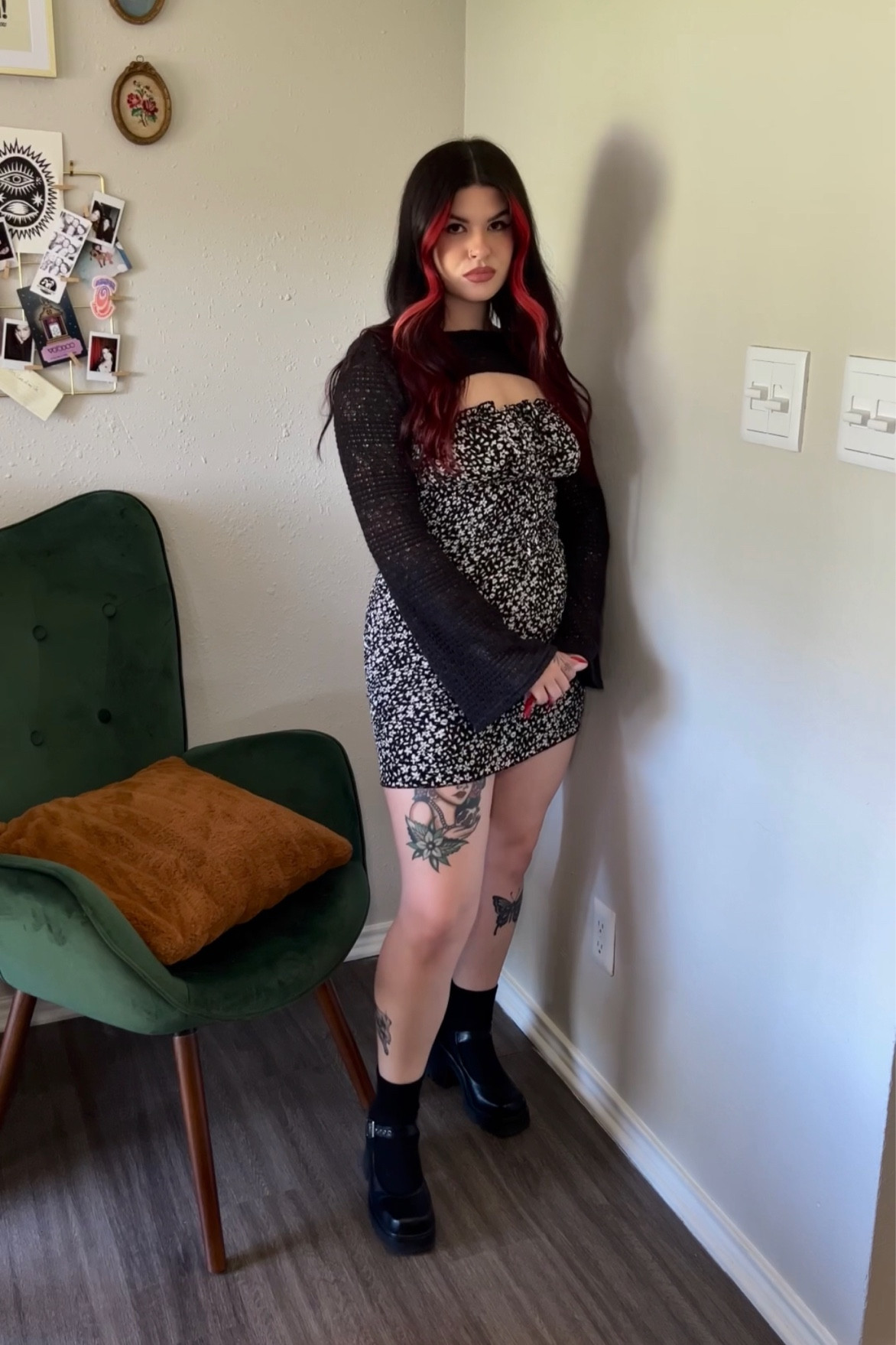 spring alt OOTD 🖤 dress is thrifted and shoes are lamoda. similar items linked. crochet top is exact 🫶🏻

floral dress, black and white dress, mini dress, fitted dress, alt dress, alt styling, crochet shrug, chunky mary janes, heeled mary janes 

#LTKunder100 #LTKstyletip #LTKunder50