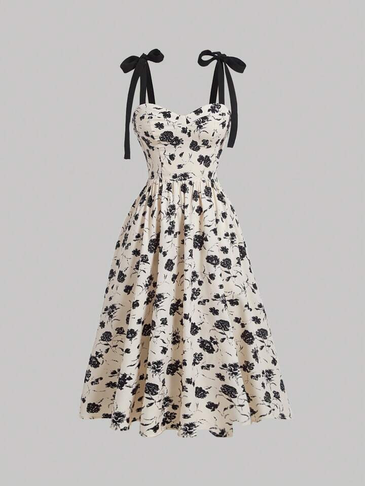 SHEIN MOD Bow Spring Break Long Summer Floral Print Tie Shoulder Cami Dress | SHEIN