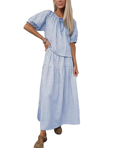 Qiaomai Womens 2 Piece Gingham Sets Puff Sleeve Plaid Top Tiered Maxi Skirt Matching Outfit Casual Summer Boho Loungewear Blue M | Amazon (US)