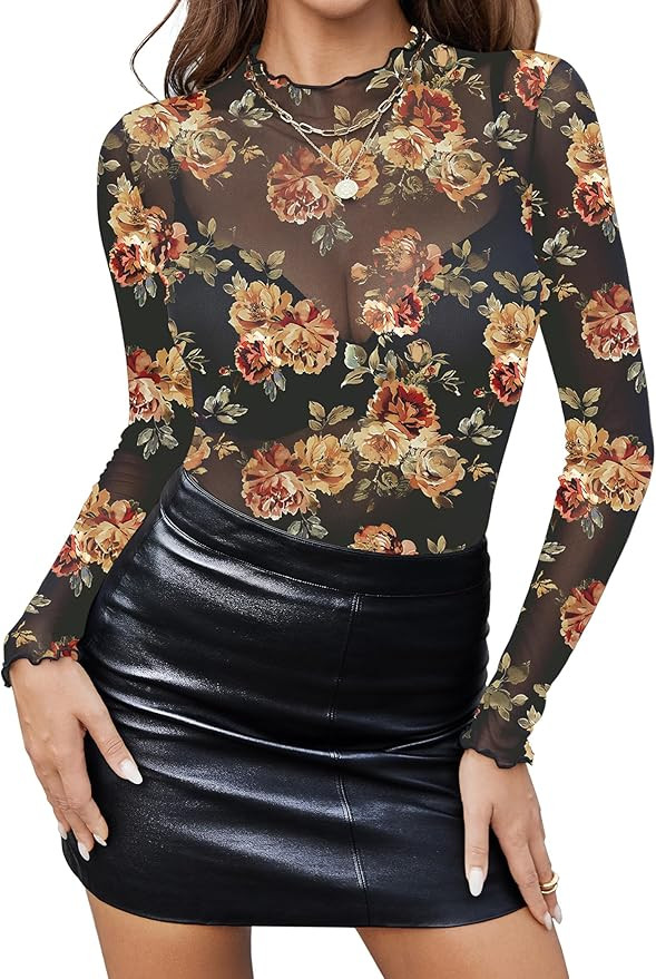 Zeagoo Womens Mesh Long Sleeve Tops Mock Neck Going Out See Through Shirts Sexy Sheer Blouses Clu... | Amazon (US)