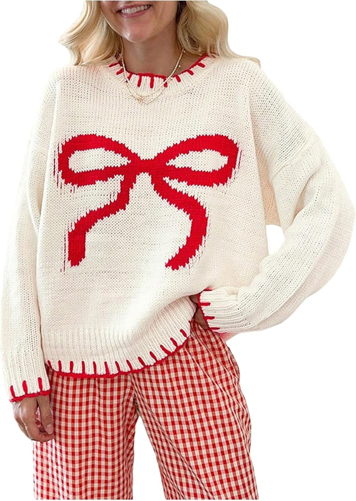 SOLY HUX Women's Y2k Bow Sweater Crewneck Long Sleeve Knit Pullover Tops Oversized Sweaters | Amazon (US)