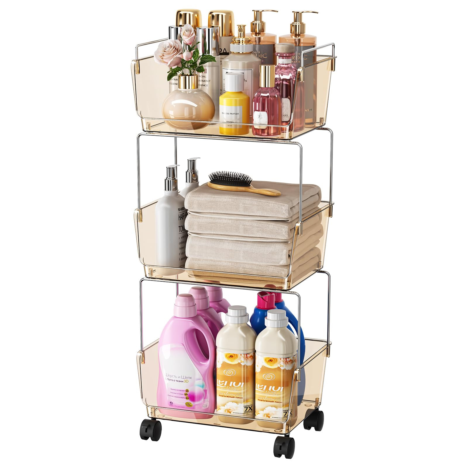 Delamu 3-Tier Metal Rolling Cart for Kitchen, Bathroom, Office – Plastic Utility Storage Carts ... | Amazon (US)